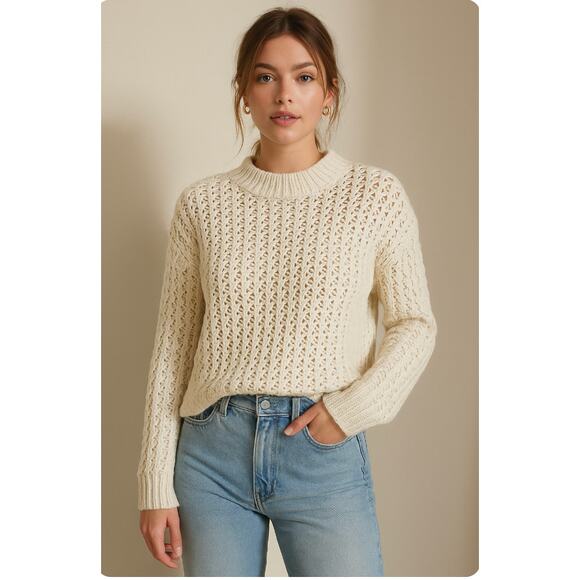 Rebecca Taylor Ivory Open Knit Chunky Sweater Pullover Crew Neck Wool Blend S - Picture 1 of 8